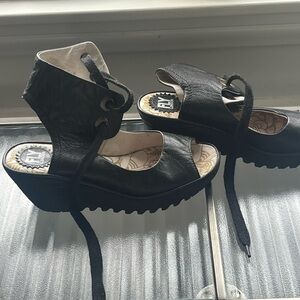 Black Lace-Up Platform Fly London Sandals